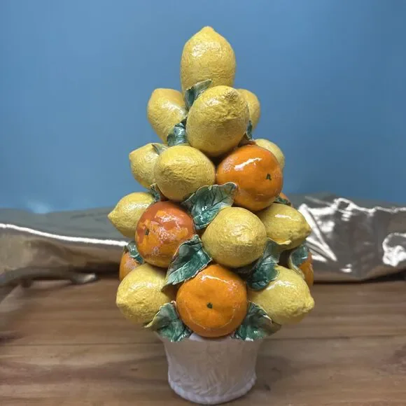 Mid-Century 12” Italian Lemon/Orange Topiary Basket Centerpiece Vintage
